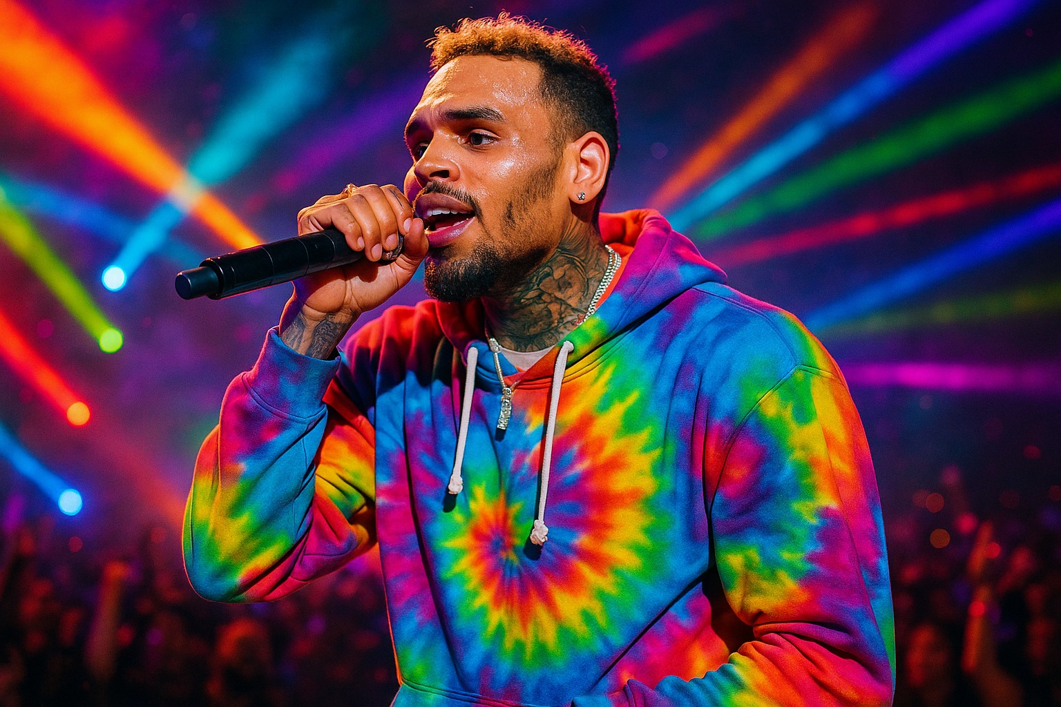 Chris Brown演唱會 壁紙 — 一位男歌手穿著充滿活力的紮染連帽衫，在耀眼的彩色舞台燈光下對著麥克風演唱。