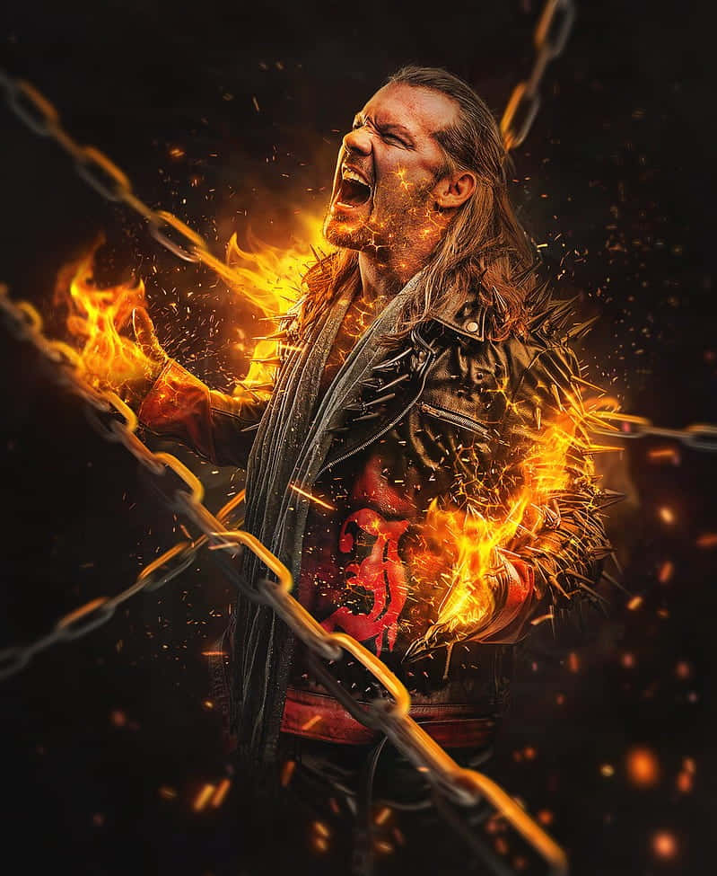 Chris Jericho AEW 燃燒鎖鏈壁紙 壁紙 — 一個長髮的兇猛男人在黑暗背景中咆哮，身體噴出火焰，同時掙脫鎖鏈。