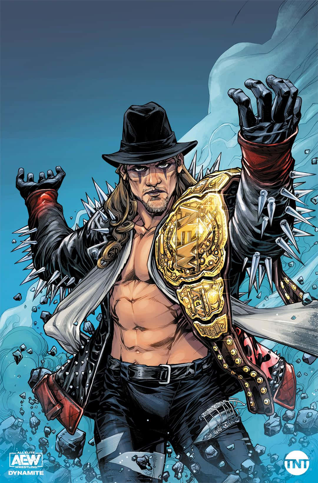 Chris Jericho AEW DC聯名壁紙 壁紙 — 一位肌肉發達的摔角手穿著帶有尖刺的皮夾克和黑色帽子，在破碎的藍色背景前自豪地展示金色冠軍腰帶。