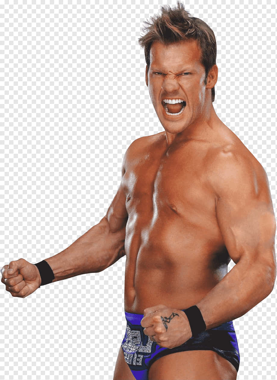 Chris Jericho WWE 愤怒姿勢 壁紙 — 一個肌肉發達的摔角手在透明背景上，穿著藍色短褲和黑色腕帶，握緊拳頭咆哮。