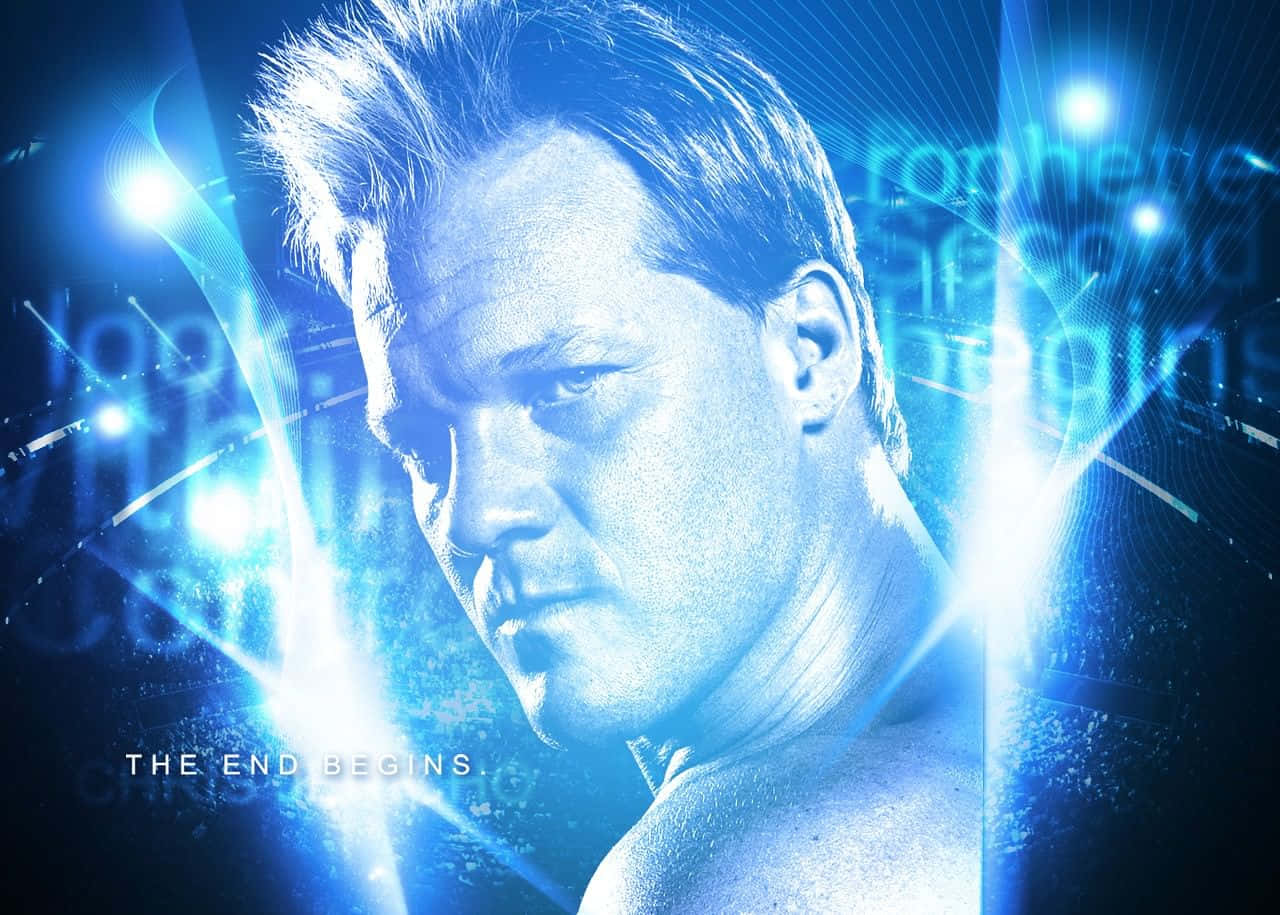 Chris Jericho WWE 水晶藍光側影壁紙 壁紙 — 摔角手強烈的側面在電藍色燈光下發光，配合發光文字和放射光束，營造出戲劇性的宣傳照。
