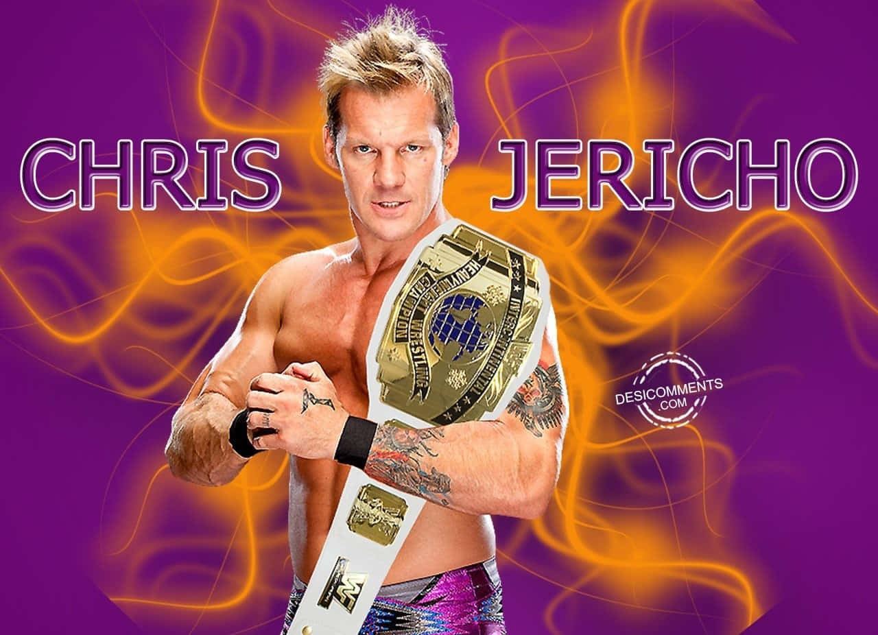 Chris Jericho WWE 世界重量級冠軍壁紙 壁紙 — Chris Jericho 赤裸上身，在充滿活力的紫色和橙色漩渦背景前手持冠軍腰帶。