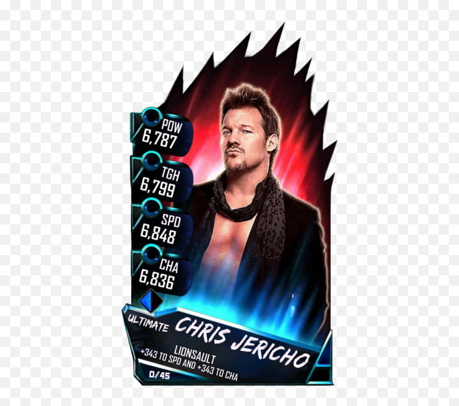 Chris Jericho WWE 最終超級卡牌 壁紙 — 一張數碼摔角卡，以Chris Jericho為主角，在火紅與電藍背景上帶有發光數值。