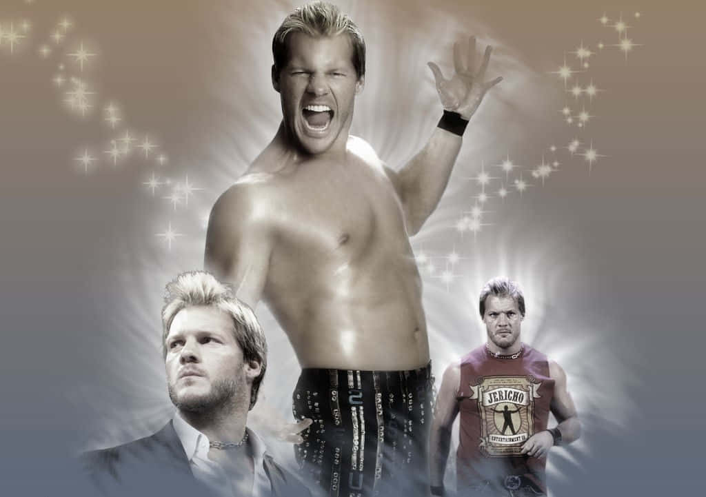 Chris Jericho WWE 裝束展示 壁紙 — 一個肌肉發達的摔角手在閃光環繞下勝利咆哮，兩側有另外兩個穿著不同服裝的自己。