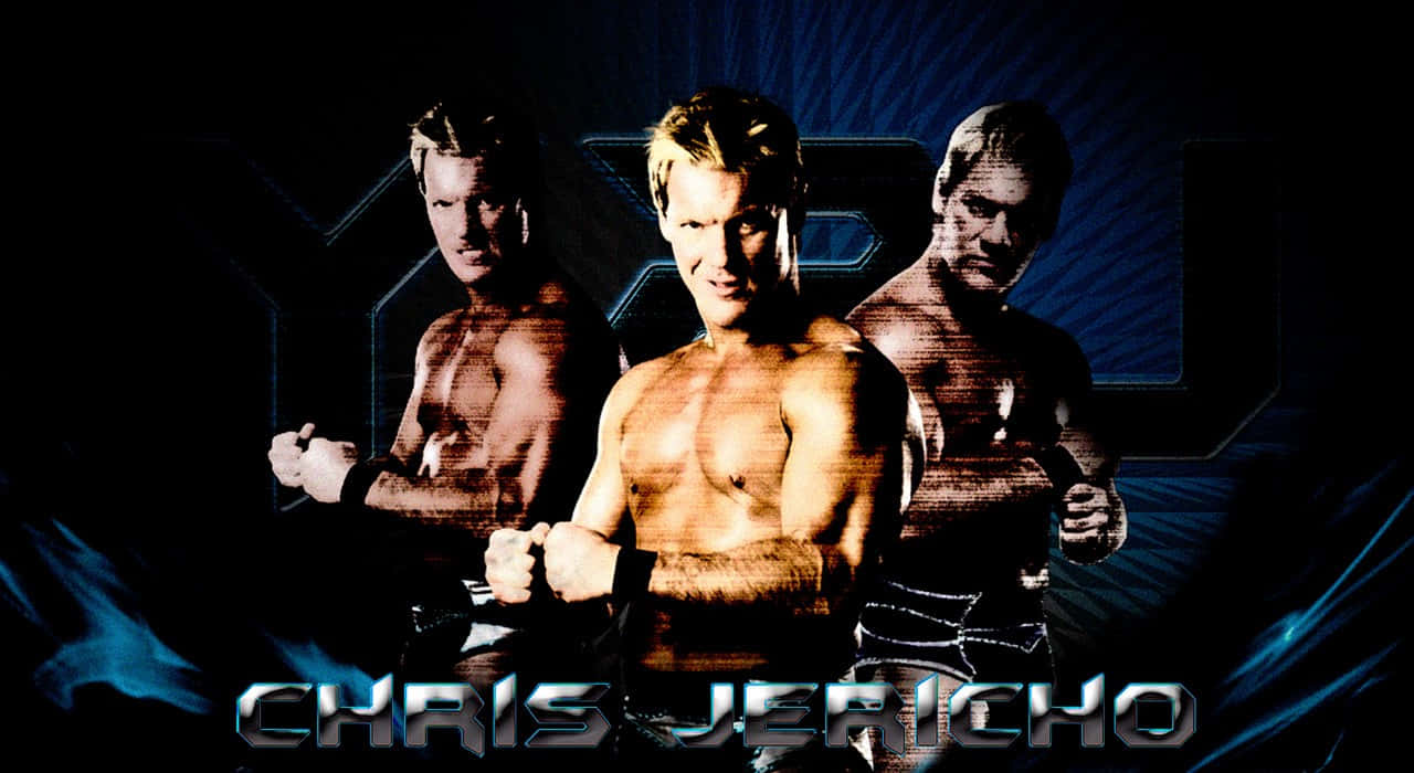 Chris Jericho Y2J 暗黑未來風壁紙 壁紙 — Chris Jericho 自信地擺出姿勢，握緊拳頭，背景是深藍色放射狀，他的名字以金屬字體呈現。