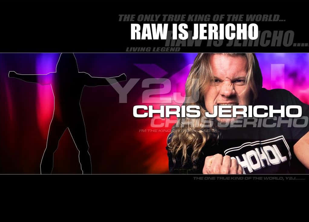 Chris Jericho WWE Raw Y2J 壁紙 — Chris Jericho 喺充滿活力嘅紫色同紅色背景上，握緊拳頭，眼神銳利，帶有佢嘅剪影同粗體文字。