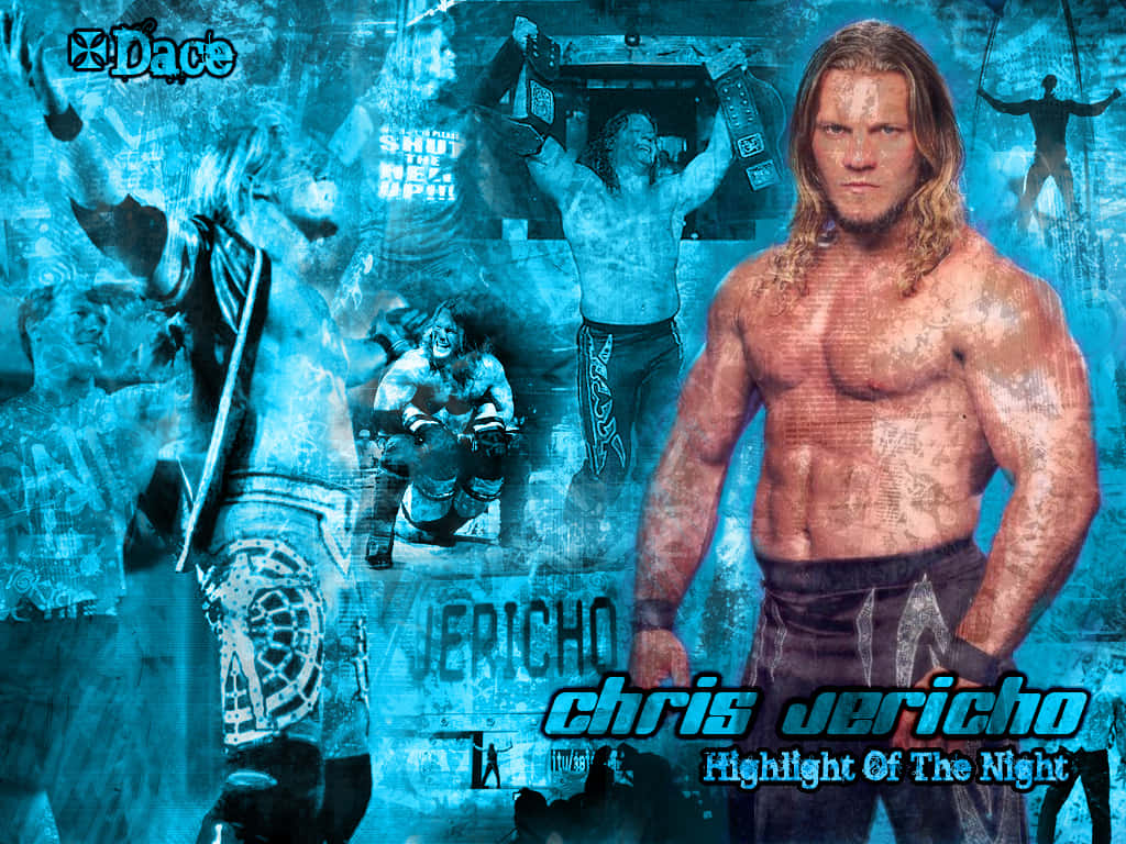 Chris Jericho 夜間高光時刻 壁紙 — 一位肌肉發達、留著金色長髮的摔角手自信地站在藍色調的摔角動作場景拼貼畫中。
