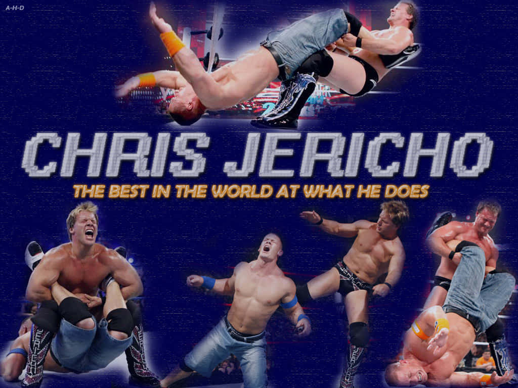 Chris Jericho 擊敗 John Cena 壁紙 — Chris Jericho 在充滿活力的藍色競技場背景下對對手執行動態摔角動作。