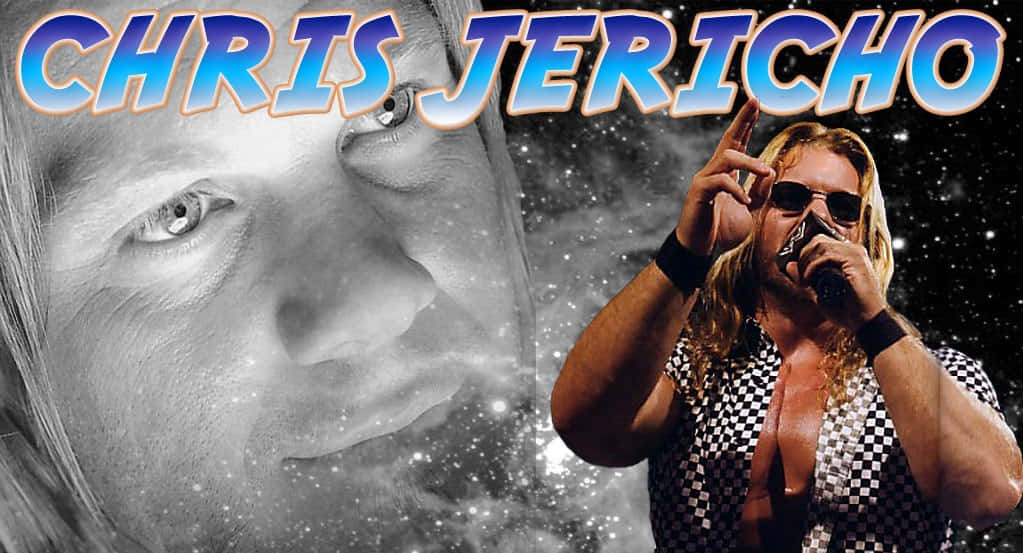 Chris Jericho 星空太陽眼鏡粉絲藝術 壁紙 — Chris Jericho 身穿格仔恤衫，手持咪高峰，站在星空背景前，他的臉部以灰階放大顯示在名字旁邊。