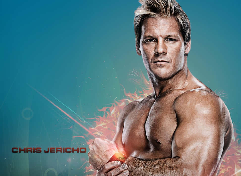 Chris Jericho 肌肉展示數位藝術編輯版 壁紙 — 肌肉發達的摔角手 Chris Jericho 在青綠色背景前緊握拳頭，散發出熾熱能量，眼神凌厲。