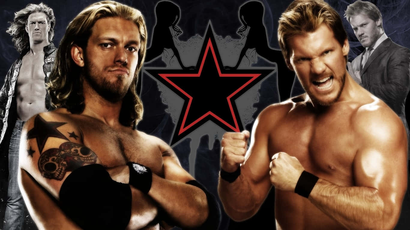 Chris Jericho 與Edge WWE對戰壁紙 壁紙 — 兩名肌肉發達的摔角手在深色背景前對峙，表情激烈，背景有紅色星星和陰影人物。