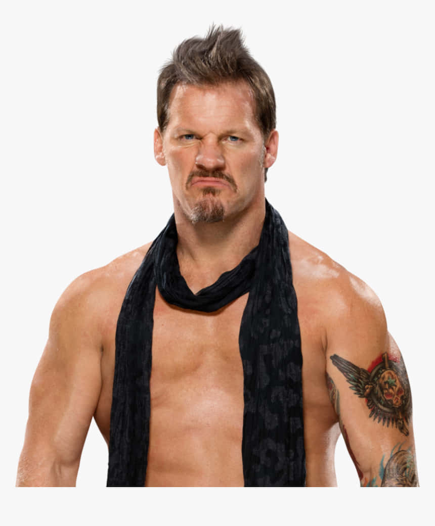 Chris Jericho 身穿標誌性 WWE 裝束與圍巾 壁紙 — 一個肌肉發達、留著山羊鬍和紋身的男人，戴著黑色圍巾，眼神銳利。