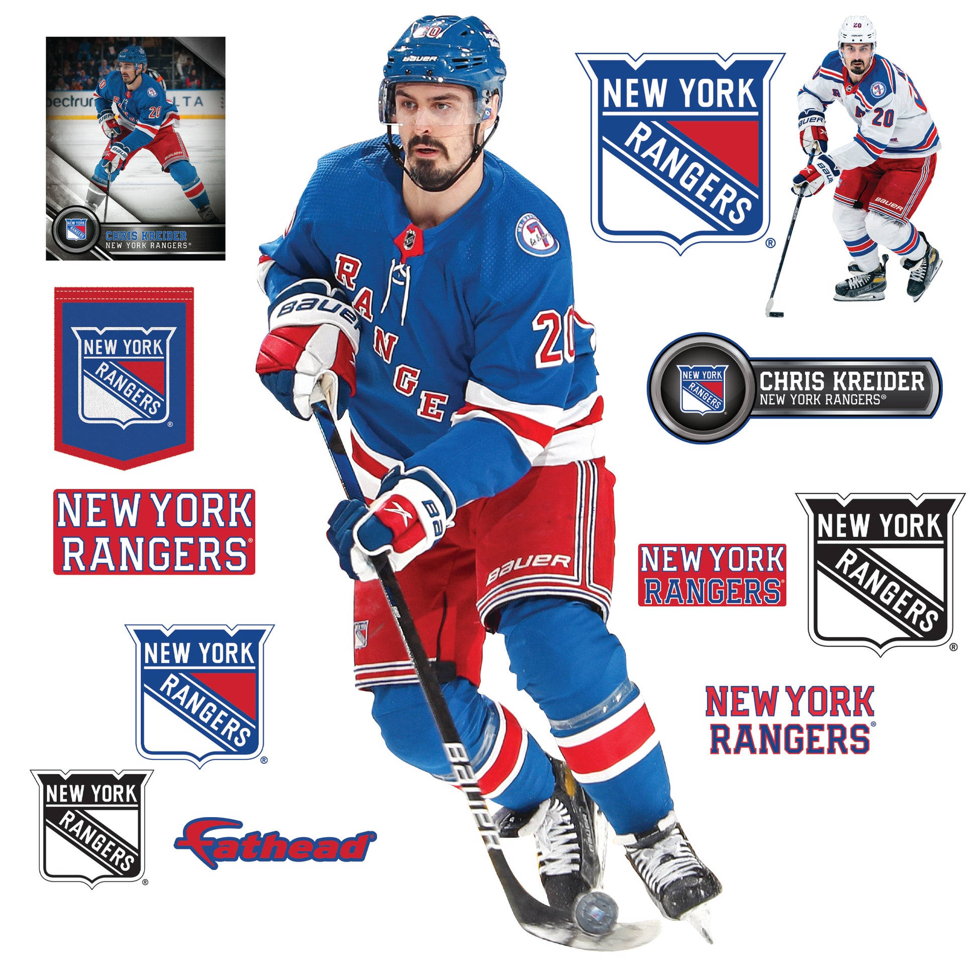 Chris Kreider 紐約遊騎兵隊隊徽 壁紙 — 冰球運動員Chris Kreider身穿紐約遊騎兵隊裝備，在多個球隊標誌環繞下動態擺姿勢。
