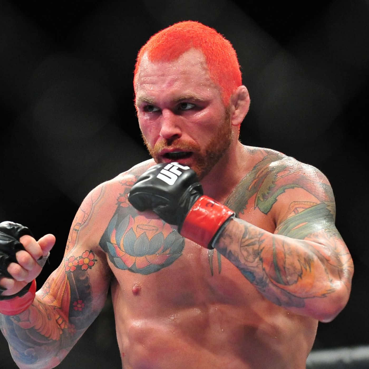一位紋身的MMA選手，紅髮，在黑暗的八角籠中揮拳。