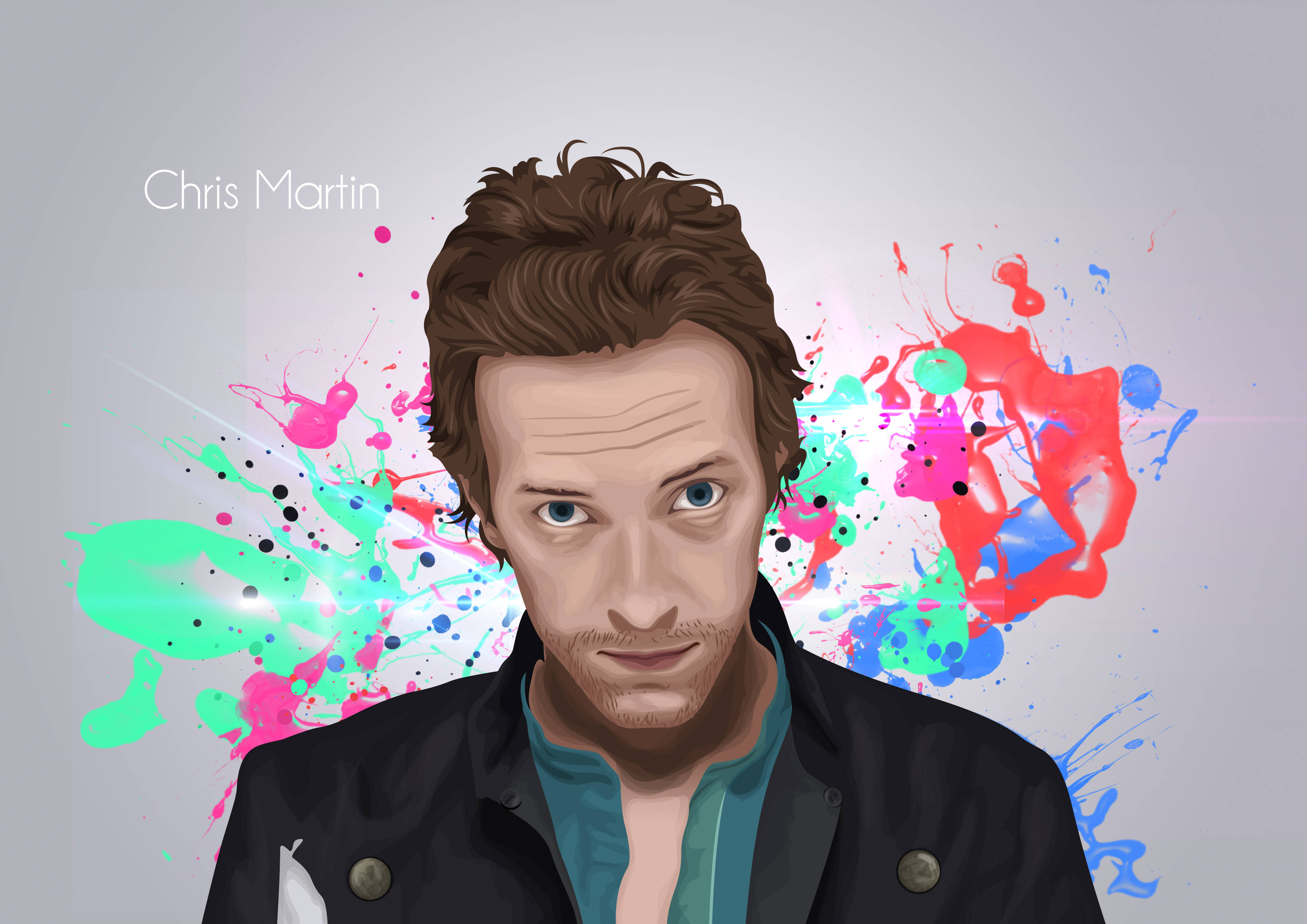 Chris Martin 彩繪藝術照 壁紙 — Chris Martin 直視前方，身後有鮮豔的顏料飛濺在柔和的灰色背景上爆發。