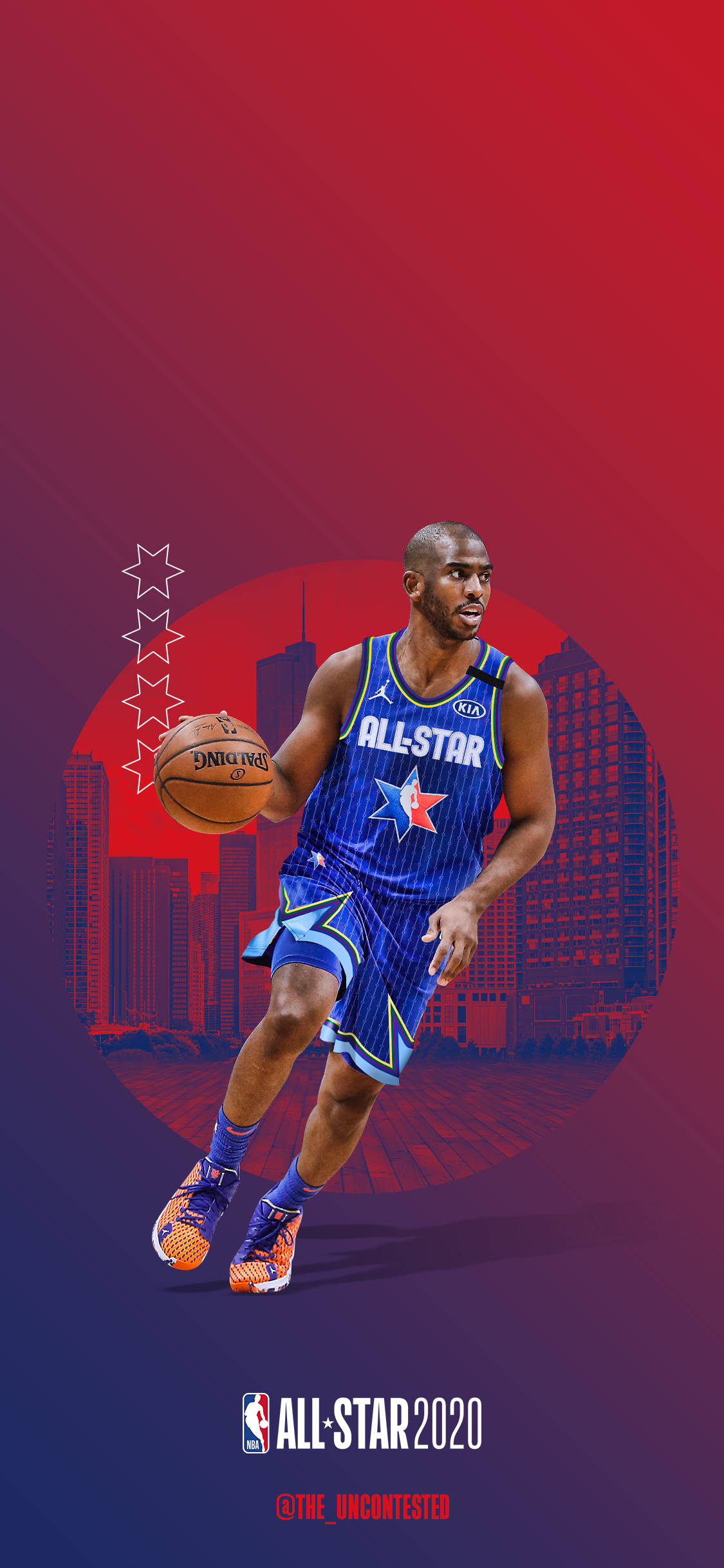 Chris Paul 全明星球衣 壁紙 — 一名身穿藍色全明星球衣的籃球運動員在紅色漸變城市景觀背景下運球。