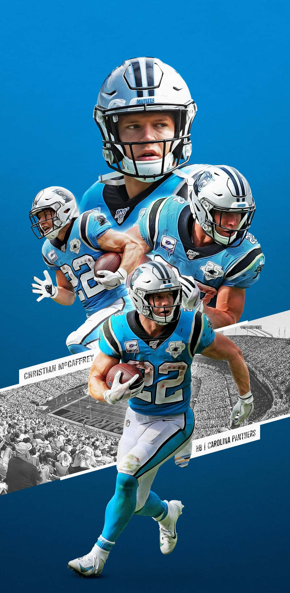 Christian McCaffrey身穿卡羅萊納黑豹隊制服在比賽中持球奔跑。