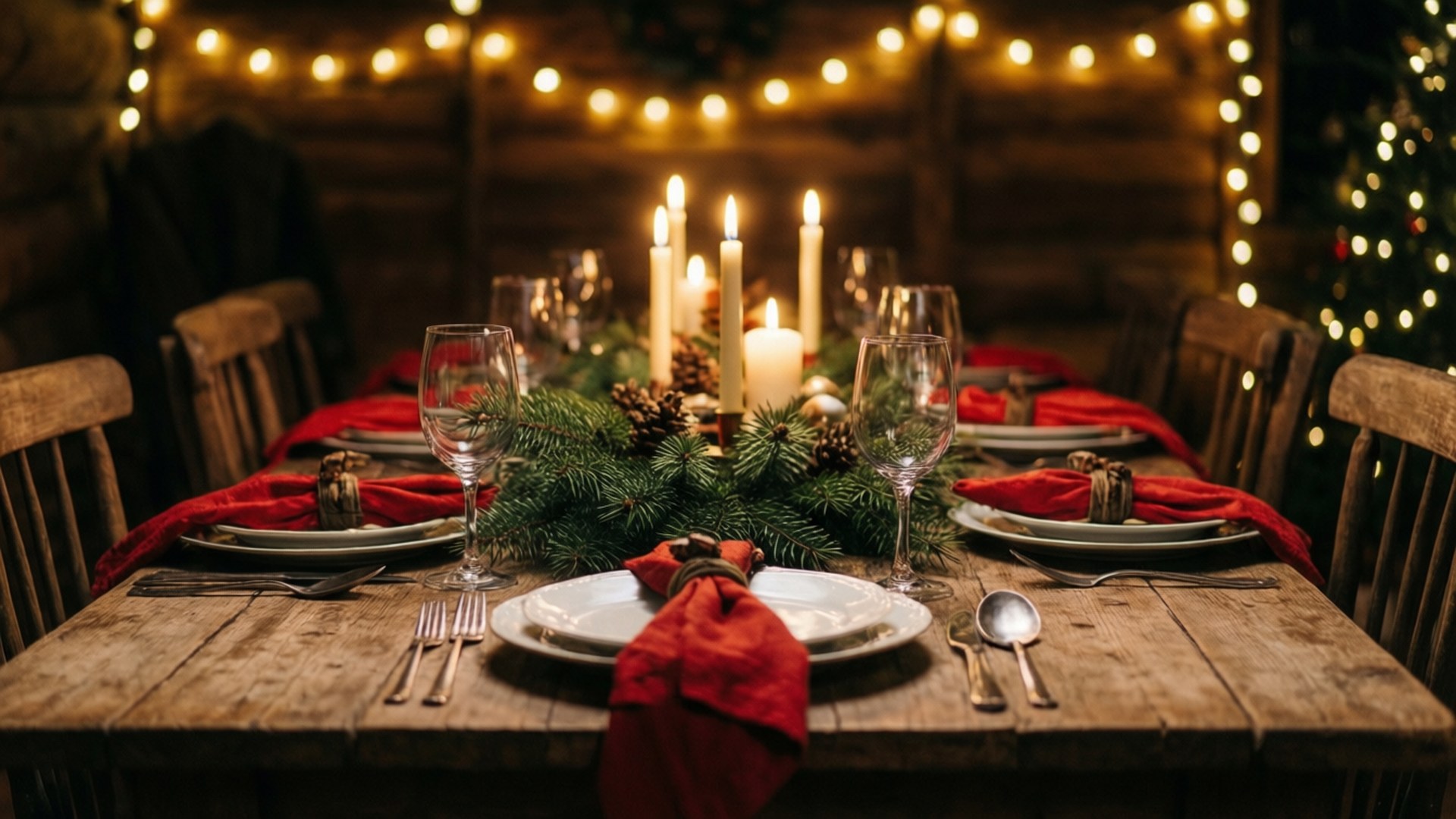 Christmas Table Setting 壁紙 — 一張質樸的木製餐桌，擺放著發光的蠟燭、松果、紅色餐巾和背景中的串燈，為節日晚餐做好準備。