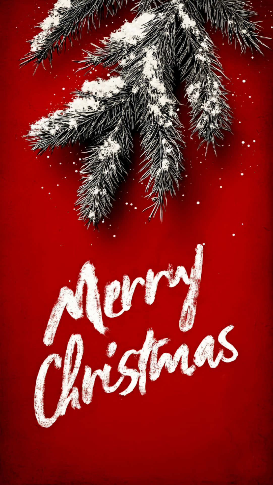 Christmas Wallpapers 壁紙 — 掛滿雪花的松樹枝條在深紅色背景上，襯托著白色的「Merry Christmas」字樣。