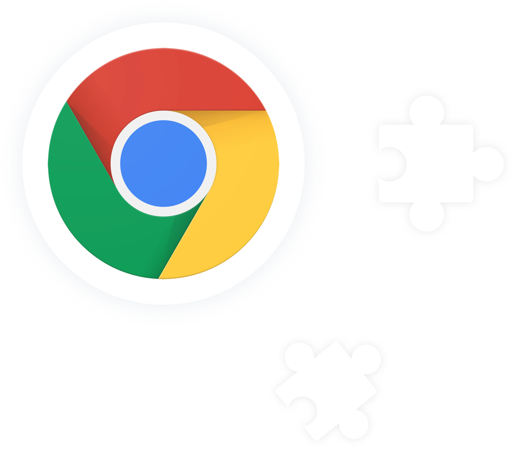 Chrome標誌與拼圖塊 壁紙 — Google Chrome 標誌，旁邊有兩塊白色拼圖漂浮在乾淨的白色背景上。