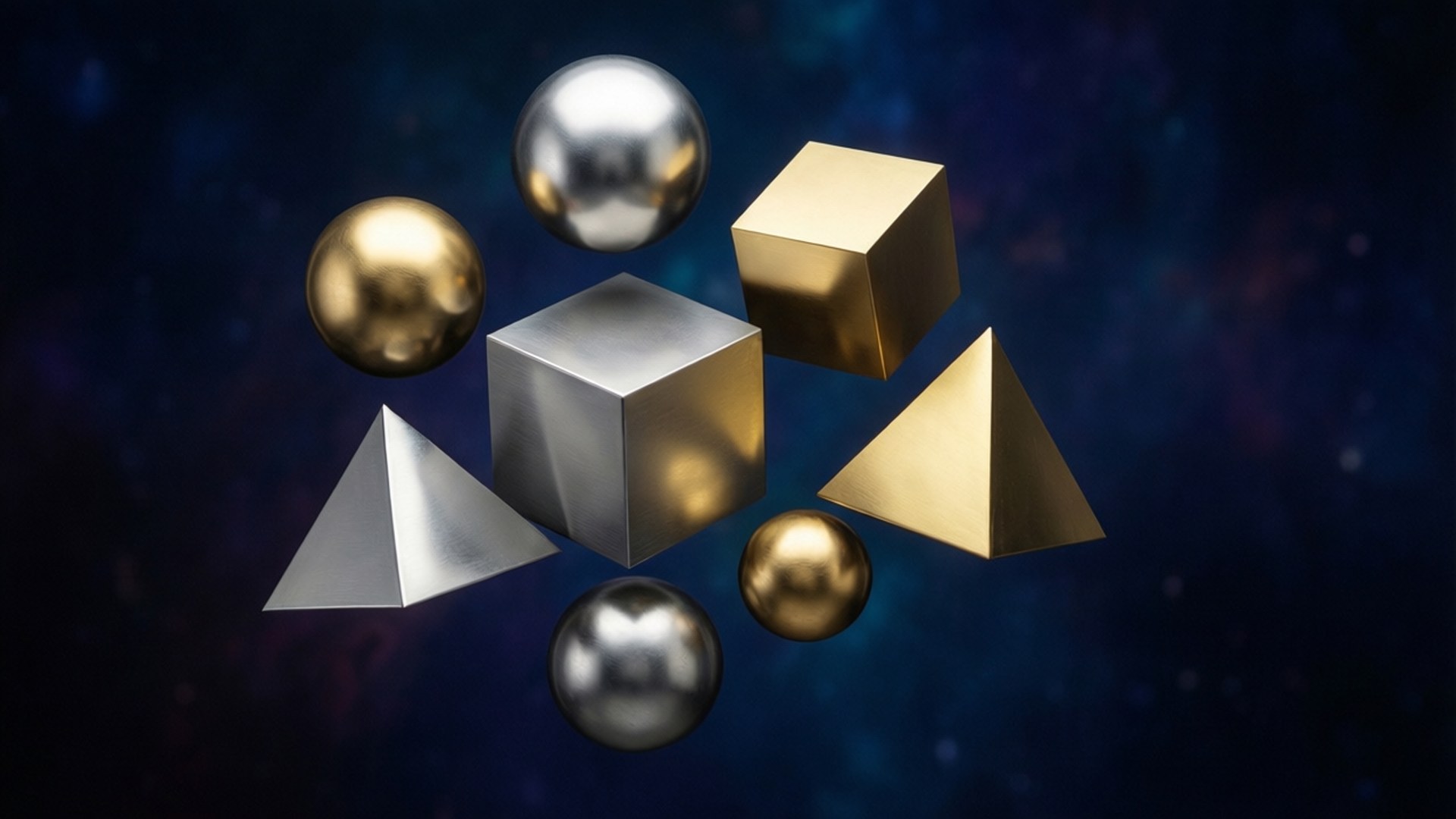 金色和銀色的漂浮幾何形狀，背景是星空太空