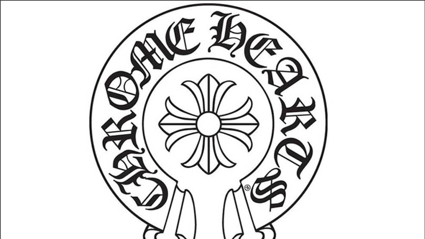 Chrome Hearts 標誌於白色背景 壁紙 — Chrome Hearts 標誌的黑白線條藝術，帶有哥德式字體和中央花卉設計。