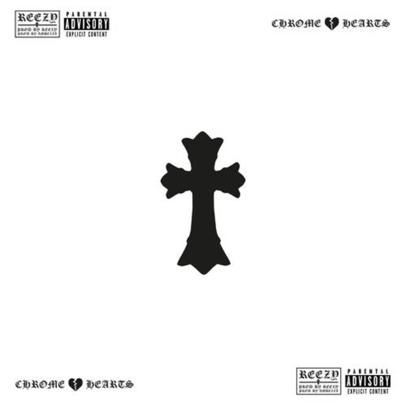 Chrome Hearts 黑色十字標誌 壁紙 — 一個鮮明的黑色十字剪影居中在純白色背景上，角落有 Chrome Hearts 和 ReezY 標誌及家長指引標籤。