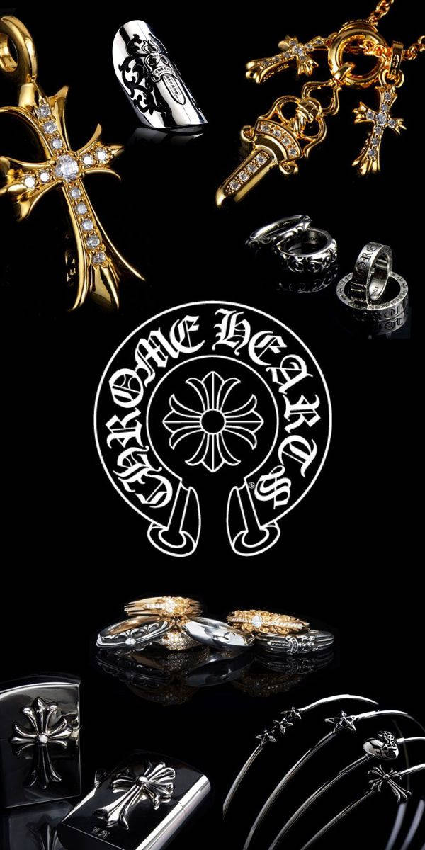 Chrome Hearts 珠寶系列，包含十字架、戒指和標誌，黑色背景。