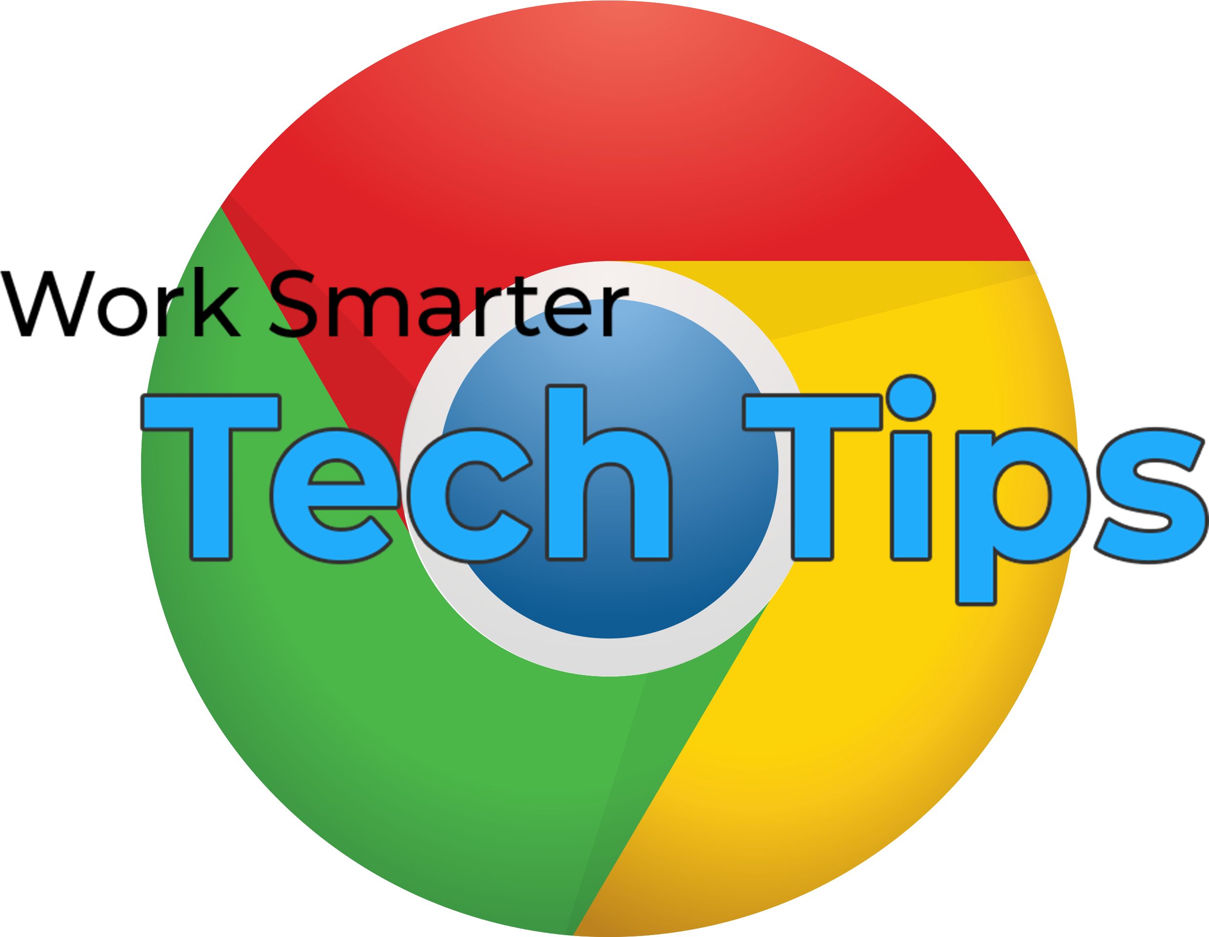 Chrome 技巧提示圖形 壁紙 — Chrome 瀏覽器標誌，黑色背景上以粗體藍色字體疊加「Work Smarter Tech Tips」文字。