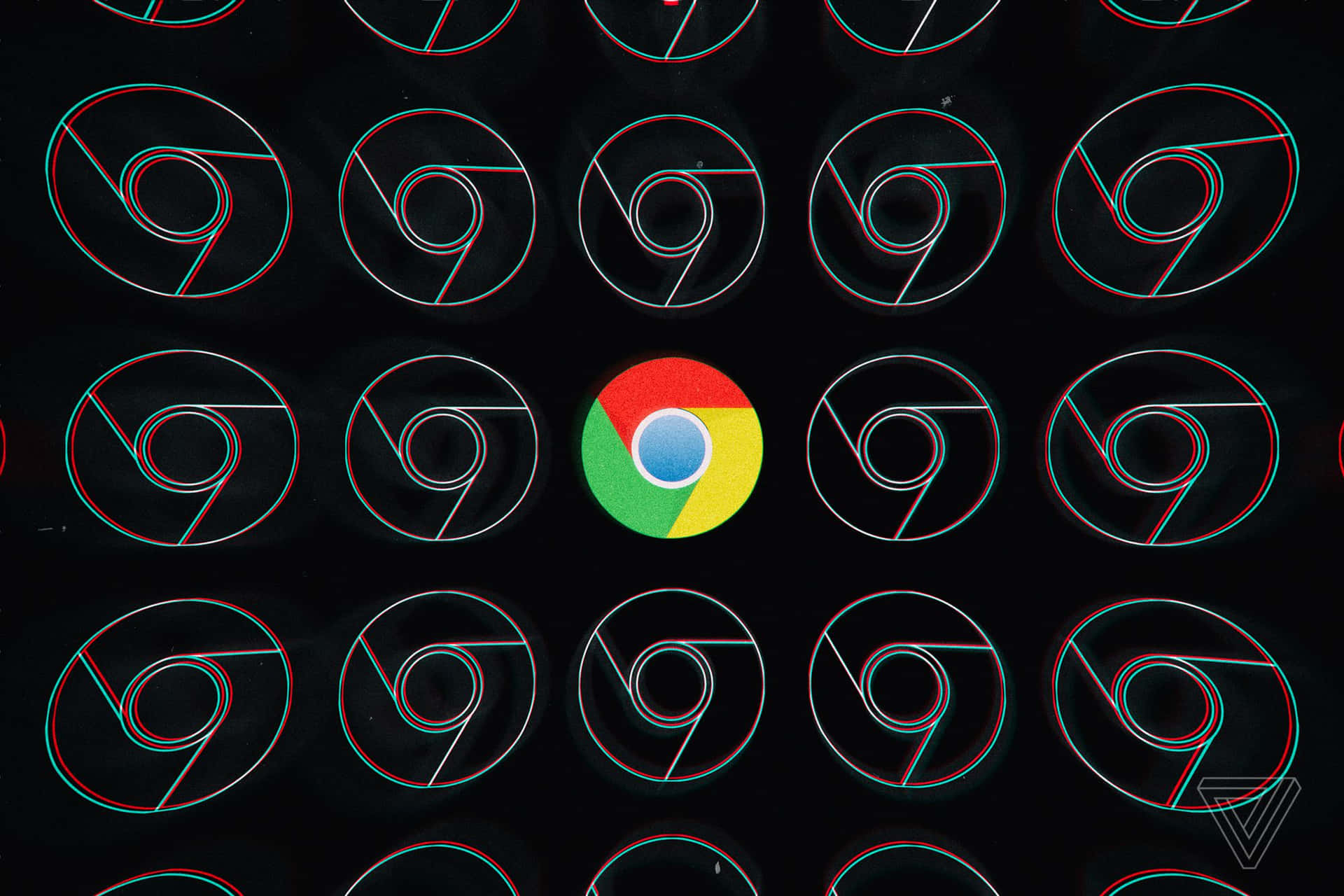 Chrome 標誌被單色 Chrome 圖標包圍，帶有紅色和青色的 3D 效果。