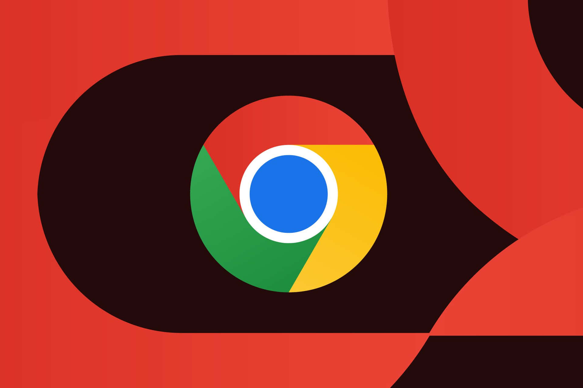 鮮豔色彩的 Google Chrome 標誌，背景為抽象紅色和深色形狀。