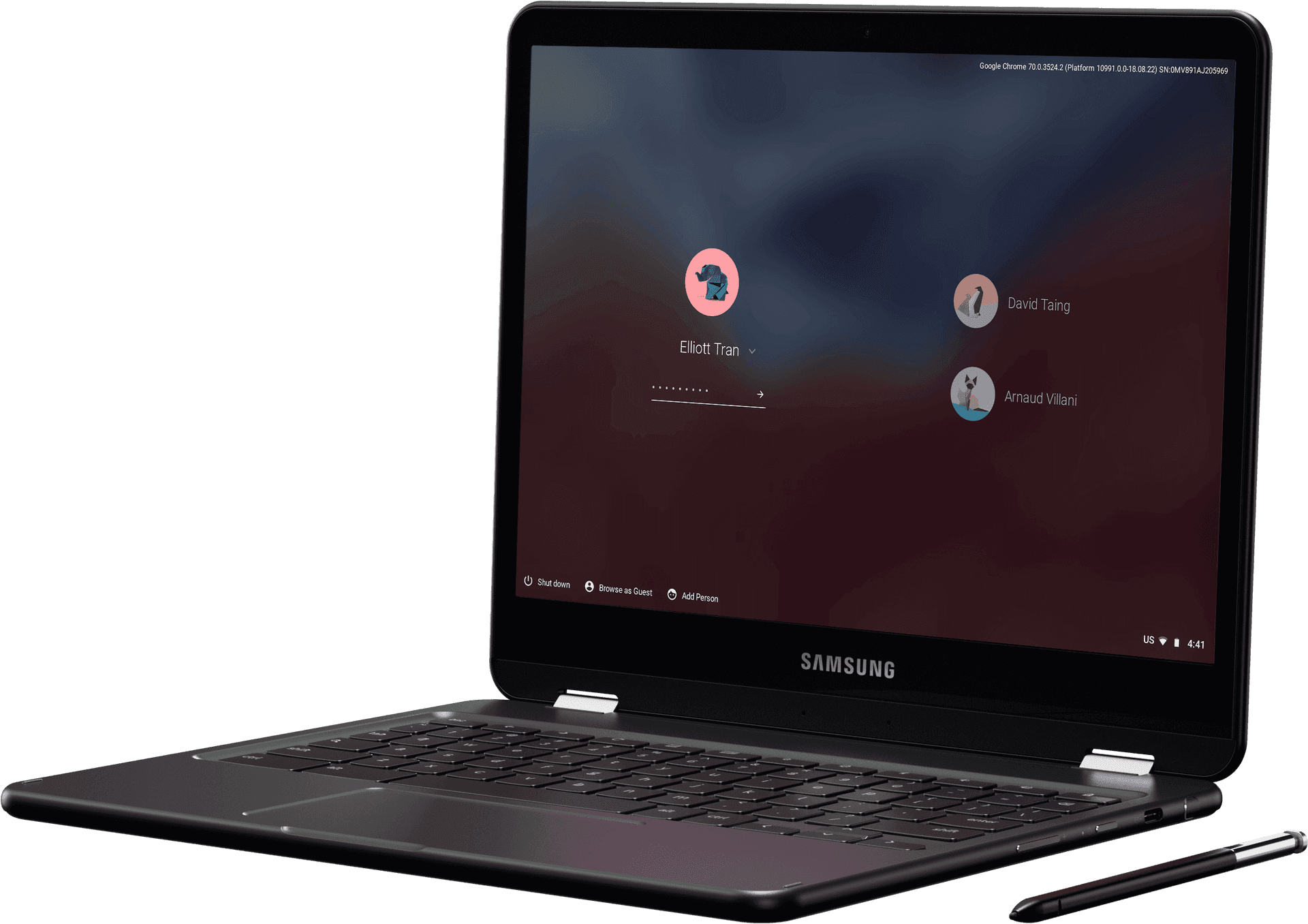 三星 Chromebook 登入畫面 壁紙 — 一部時尚的黑色Samsung手提電腦在深色漸變背景上顯示Google Chrome OS登入畫面。