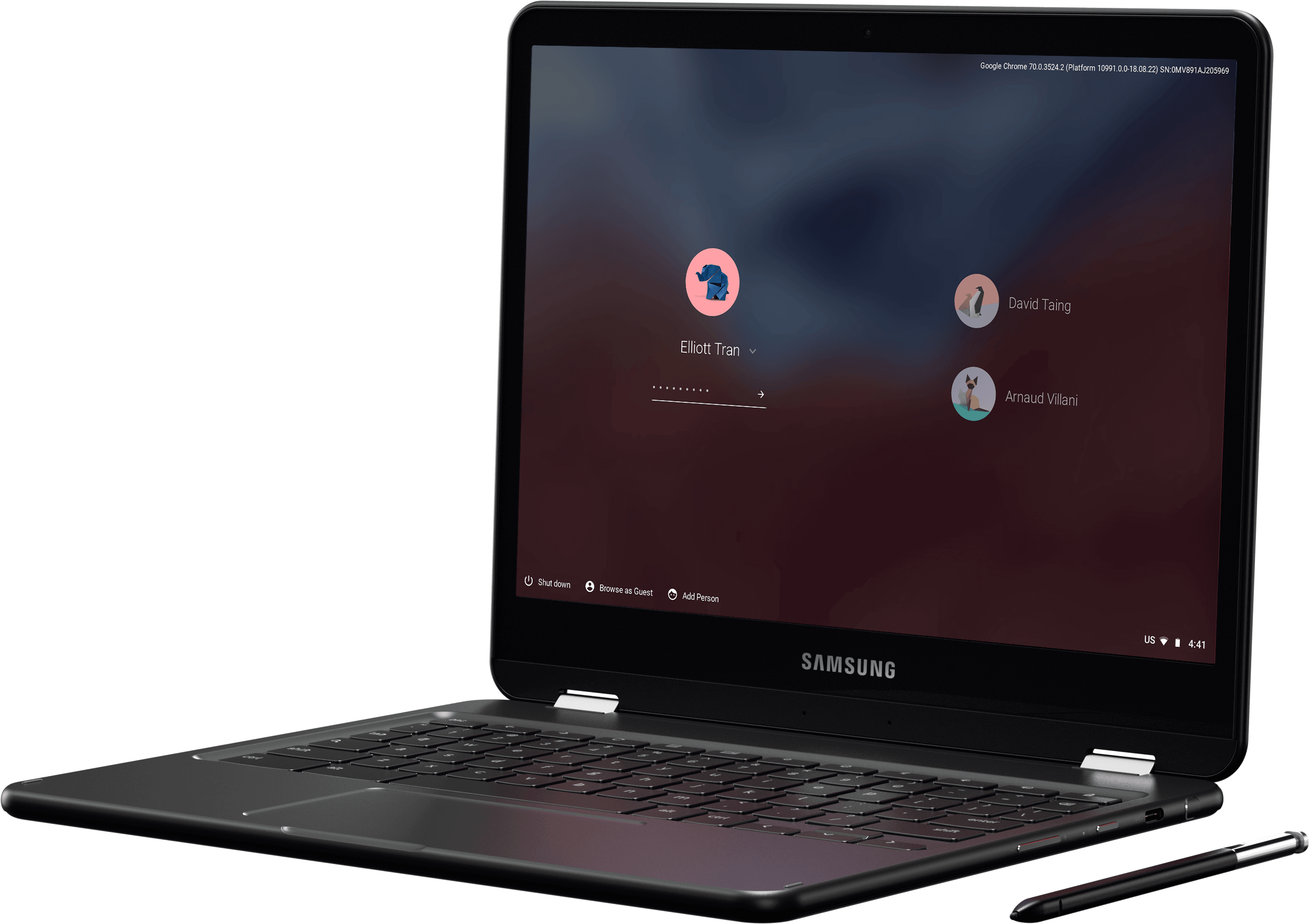 三星 Chromebook 登入畫面 壁紙 — 一部時尚的黑色Samsung手提電腦在深色漸變背景上顯示Google Chrome OS登入畫面。