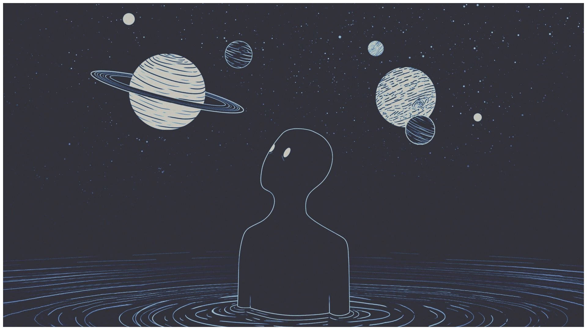 Chromebook暗夜行星美學 壁紙 — 一個極簡剪影站在水中仰望星空，星空中有風格化的行星和環。