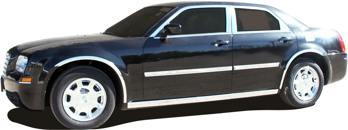 黑色 Chrysler 300 車側影 壁紙 — 一輛時尚的黑色轎車，帶有銀色飾邊和鍍鉻輪圈，在透明背景上以側面輪廓展示。