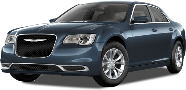 藍色 Chrysler 300 車款側面視圖 壁紙 — 一輛時尚的藍色Chrysler轎車，帶有鍍鉻裝飾和合金輪圈，在攝影棚燈光下展示。