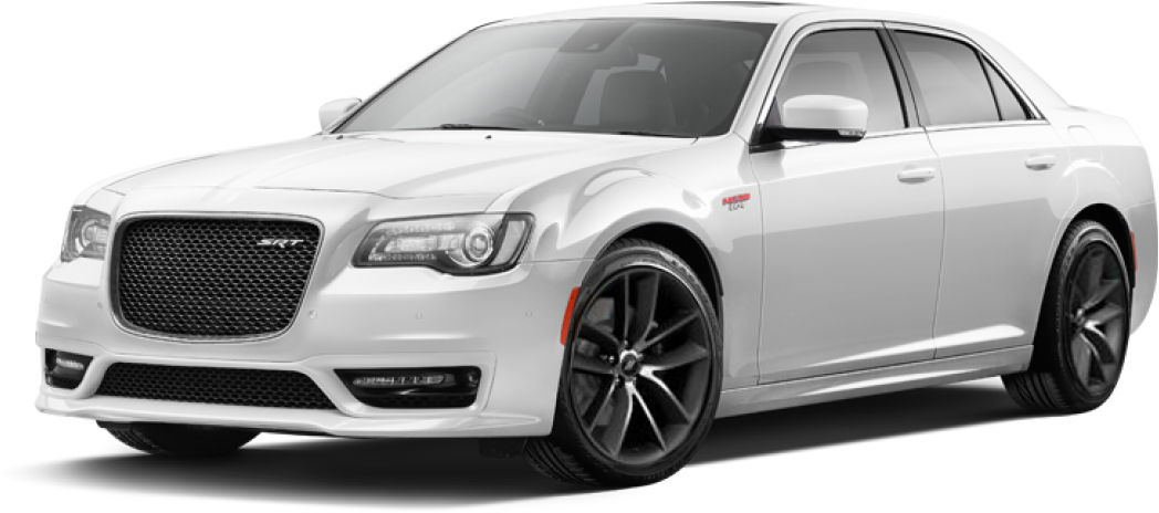 白色Chrysler 300S側面視圖 壁紙 — 一架時尚的白色 Chrysler 300 SRT 轎車，配備黑色輪圈和侵略性前格柵，孤立在透明背景上。