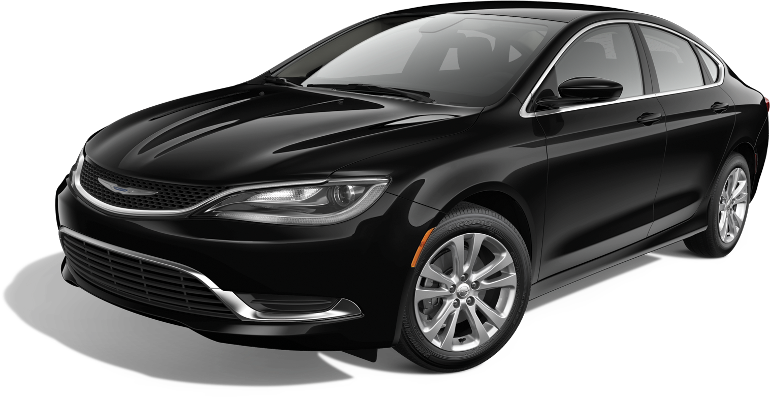 黑色Chrysler轎車側面視圖 壁紙 — 一輛時尚的黑色轎車，帶有鍍鉻裝飾和合金輪轂，孤立地立在純黑色背景上。