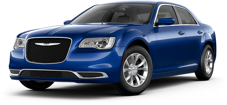 藍色Chrysler轎車側面視圖 壁紙 — 一輛時尚的藍色克萊斯勒轎車在純黑色背景下於攝影棚燈光下閃閃發光。