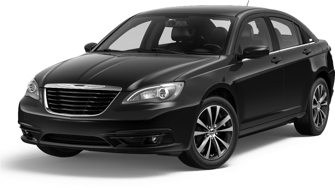 黑色 Chrysler 轎車側面視圖 壁紙 — 一輛時尚的黑色轎車，帶有鍍鉻飾邊和合金輪圈，在透明背景下的攝影棚燈光中展示。