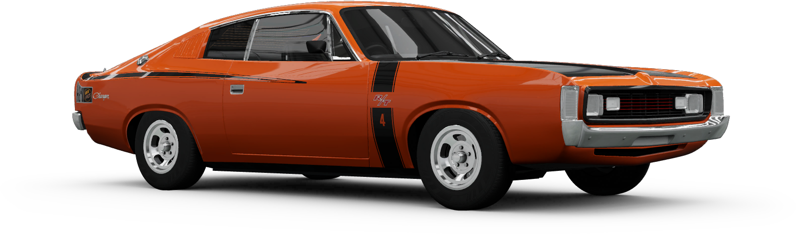 復古橙色 Chrysler 車款 壁紙 — 一輛充滿活力的橙色經典肌肉車，帶有黑色賽車條紋，在純黑色背景下大膽矗立。