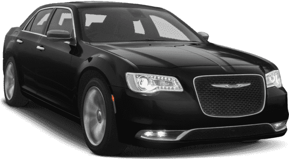 黑色 Chrysler 車款側面視圖 壁紙 — 一輛時尚的黑色克萊斯勒轎車，帶有鍍鉻飾邊和發光的頭燈，在純白背景前傲然矗立。