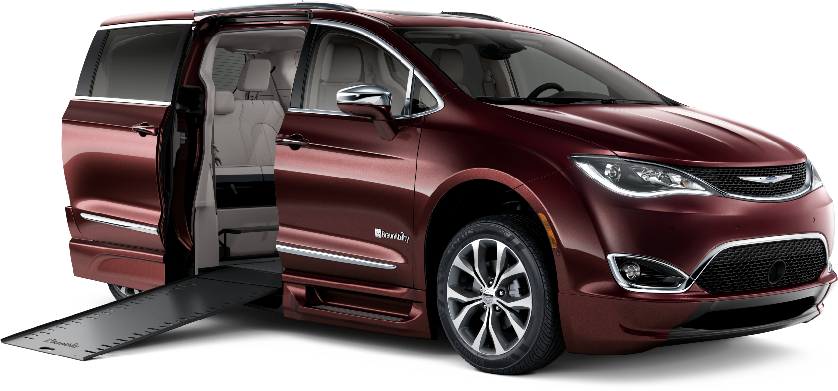 Chrysler Pacifica Hybrid 與斜坡設計 壁紙 — 一輛時尚的棗紅色Chrysler Pacifica小型貨車，側門打開，坡道伸出，背景為黑色。