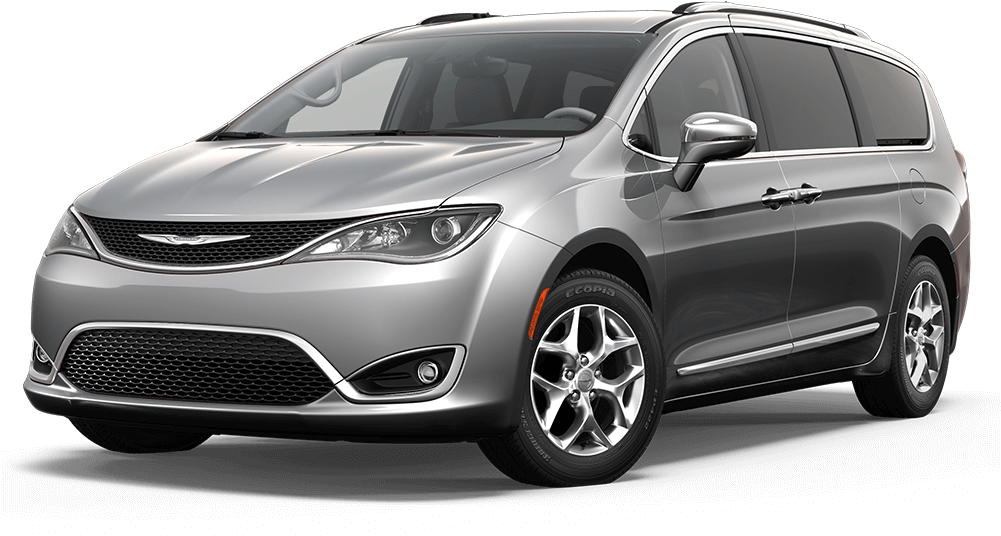 銀色 Chrysler Pacifica 小型貨車 壁紙 — 一輛時尚的銀色小型貨車，帶有鍍鉻裝飾和合金輪圈，孤立地立在黑色背景前。