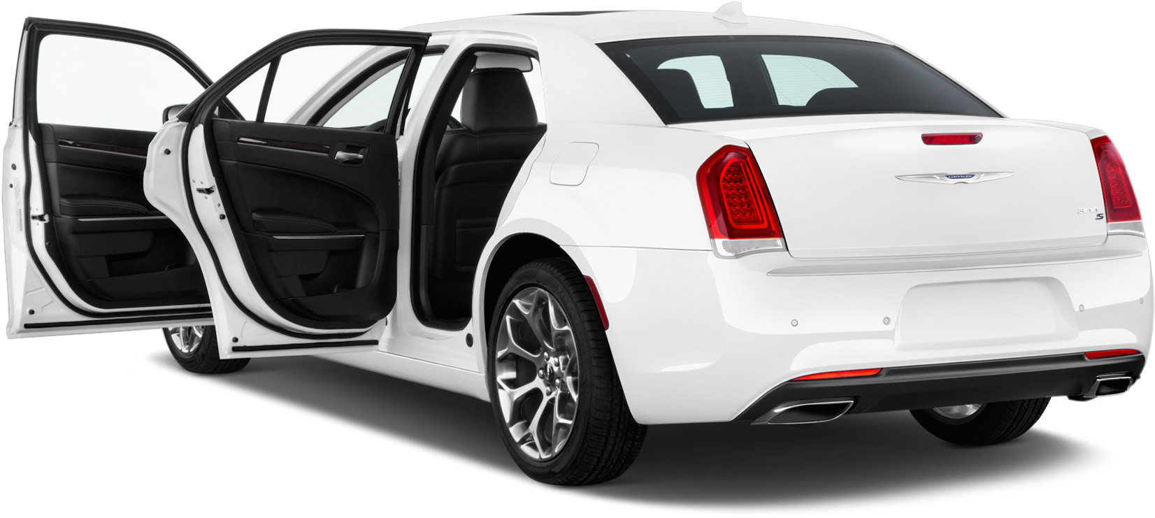 白色 Chrysler 車款，車門全開 壁紙 — 一輛純白色的克萊斯勒轎車，所有車門敞開，在純黑背景下展示其黑色內飾。