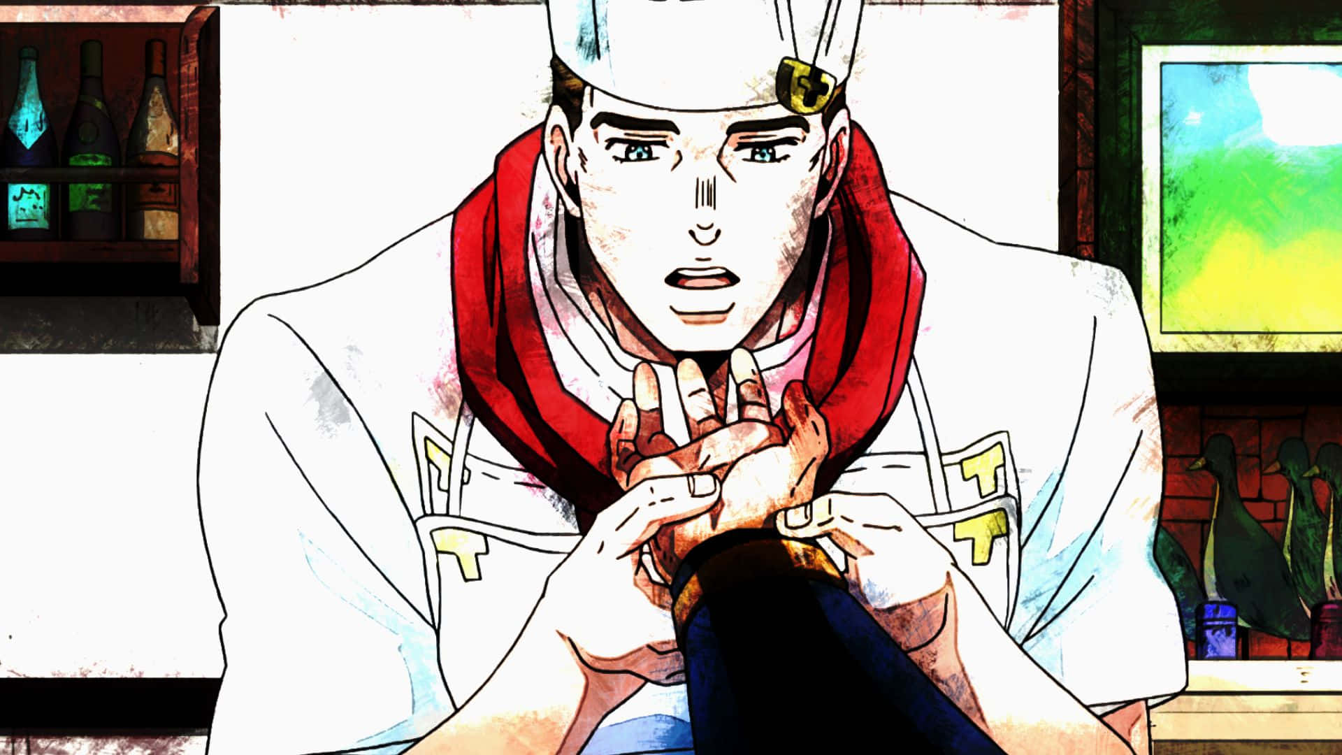 Okuyasu Nijimura 桌布 壁紙 — 一位身穿白色制服和紅色圍巾的廚師在溫暖照明的廚房裡專注地抓住手腕。