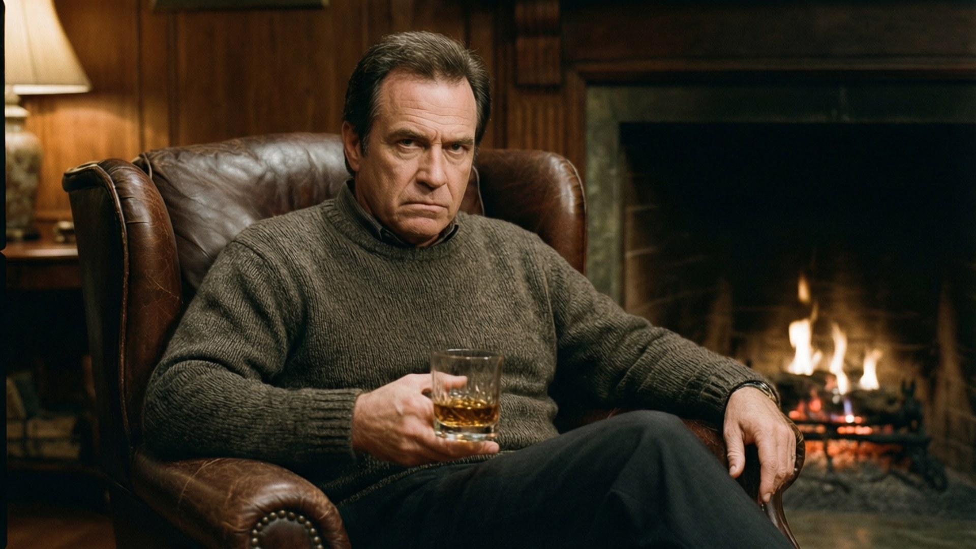 穿毛衣的男人在壁爐旁的皮椅上拿著威士忌杯
