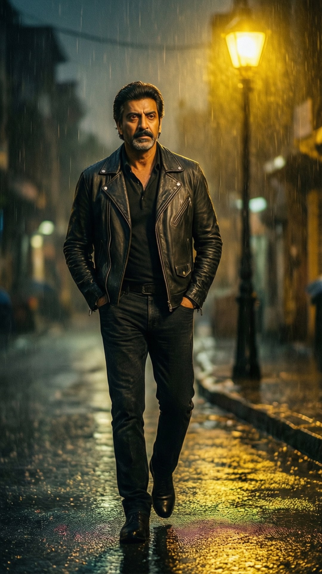 sunny deol 桌布 壁紙 — 一個穿著黑色皮褸的男人，在閃爍的黃色街燈下，自信地走在濕滑的雨街上。