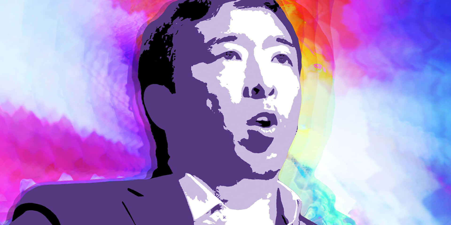 一個穿著西裝的男士，配以色彩繽紛的抽象背景。