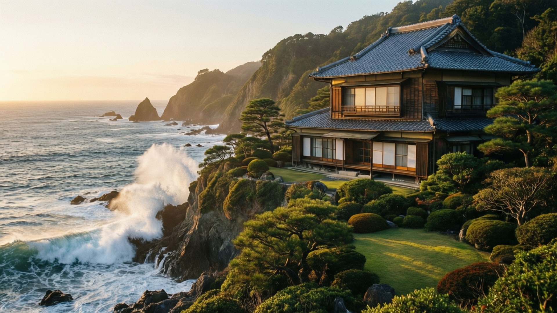 Saito's Cliffside Mansion 壁紙 — 一間傳統日式木屋坐落在懸崖邊，俯瞰金色夕陽下翻騰的海浪。
